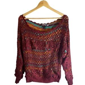 Desigual Women’s Red Multi Color Crocheted 100% Acrylic Vintage Sweater S